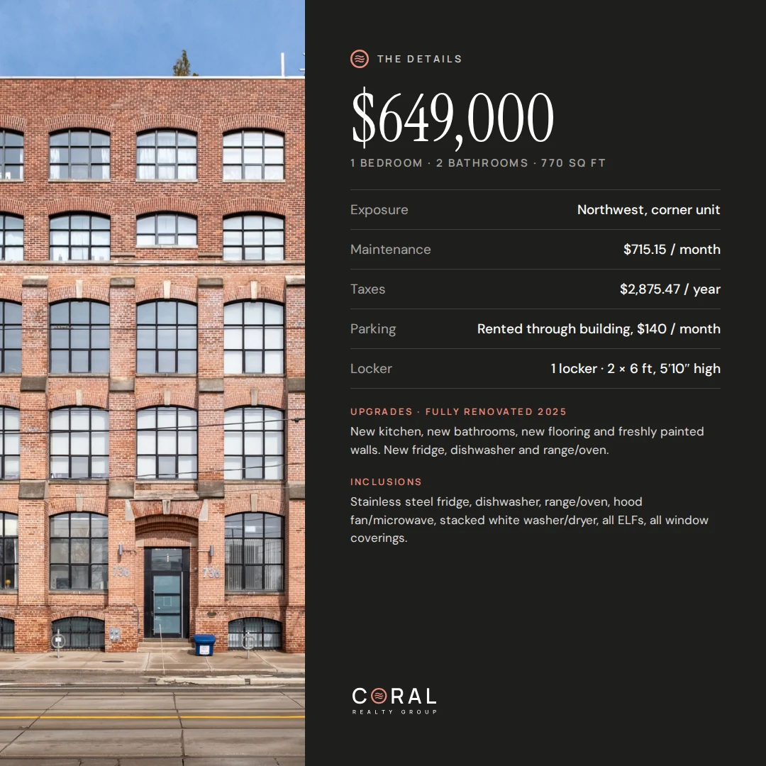 The details page from the 736 Dundas St E brochure: price, specs, upgrades and inclusions