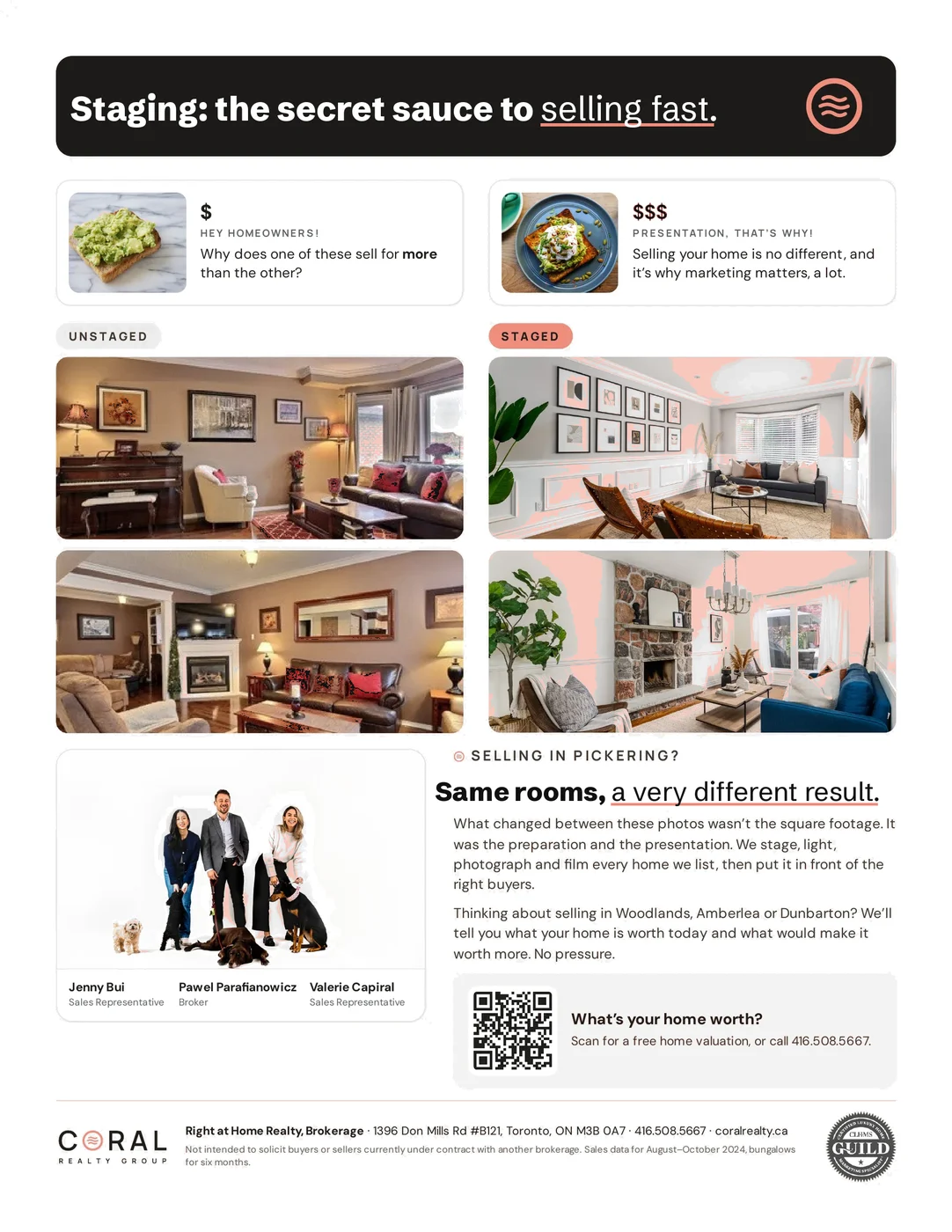 Back of a Coral market update mailer showing staged and unstaged rooms