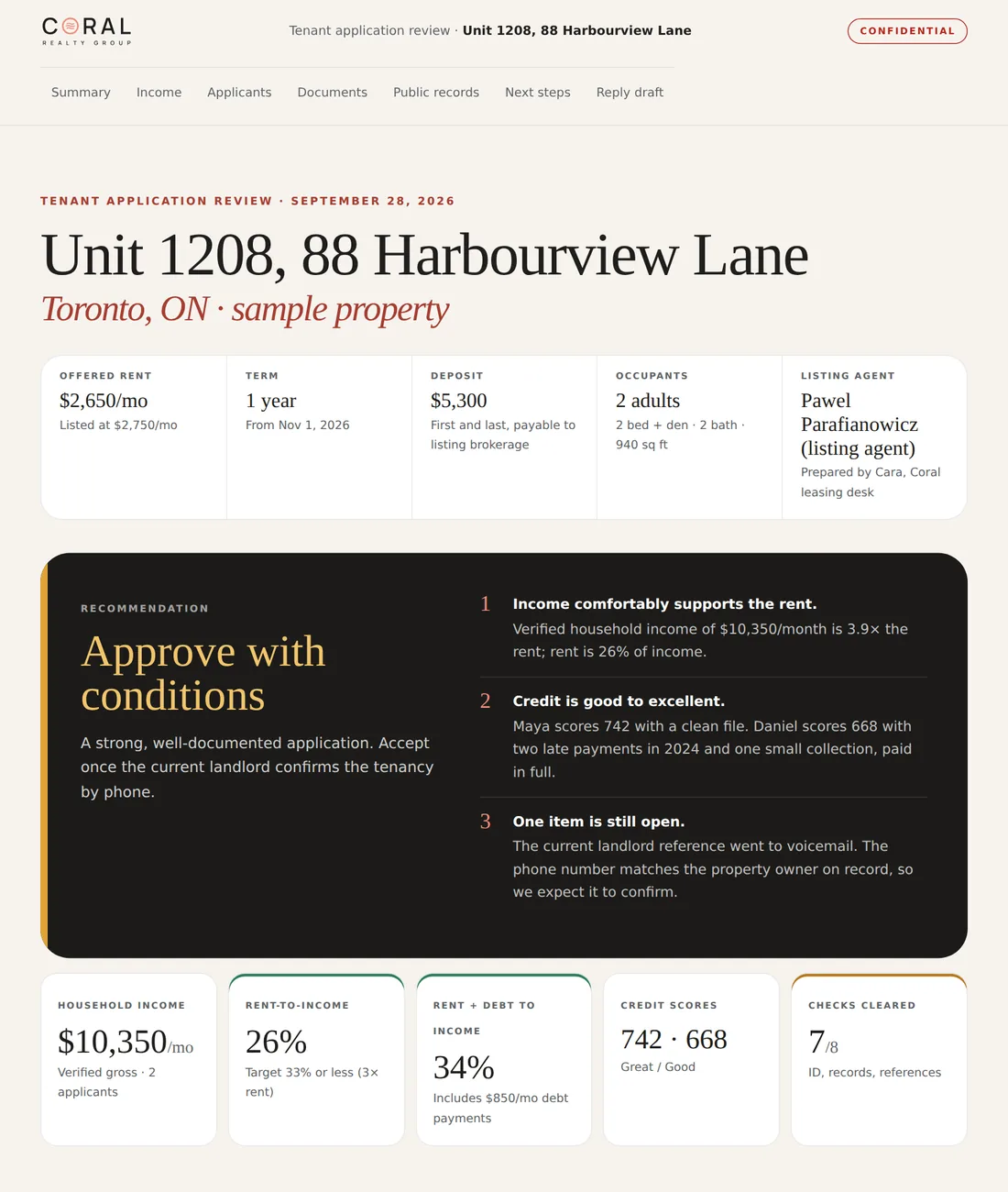 A sample Coral tenant application review (fictional property and applicants)