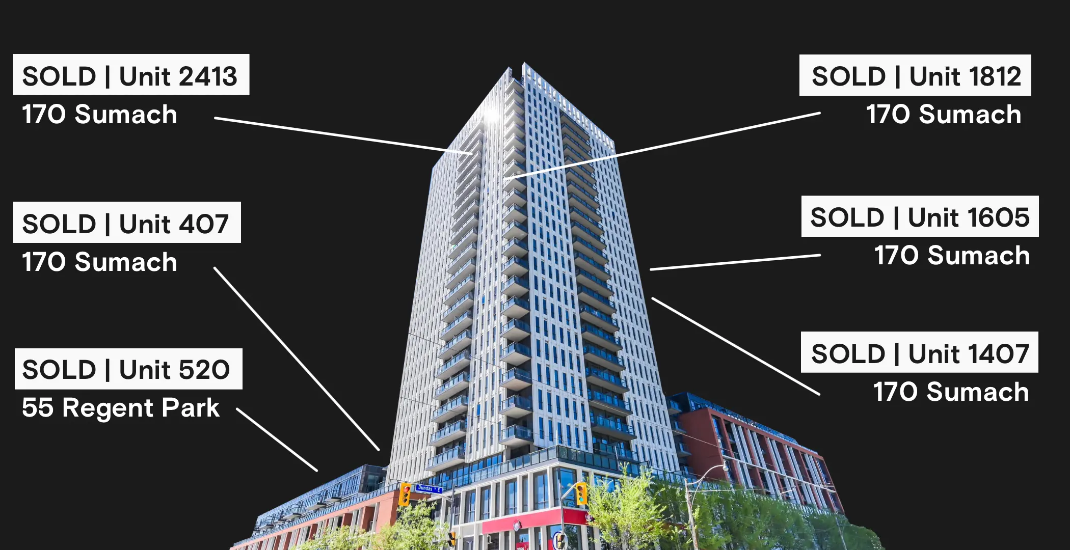 170 Sumach St with units 2413, 407, 1812, 1605 and 1407 marked sold, plus unit 520 at 55 Regent Park Blvd