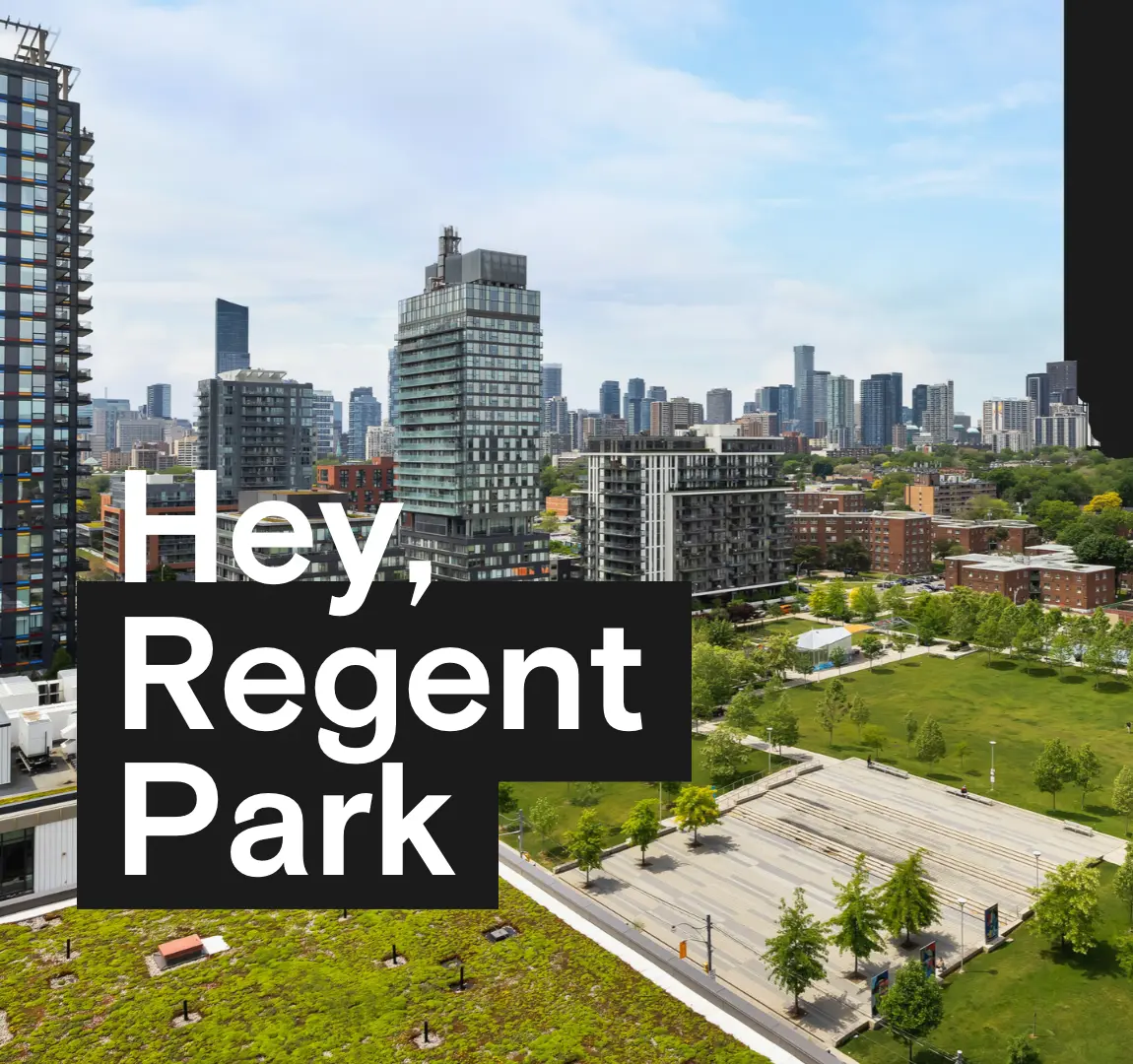 Hey, Regent Park: the park and the neighbourhood's low-rise and tower buildings, with the downtown skyline behind