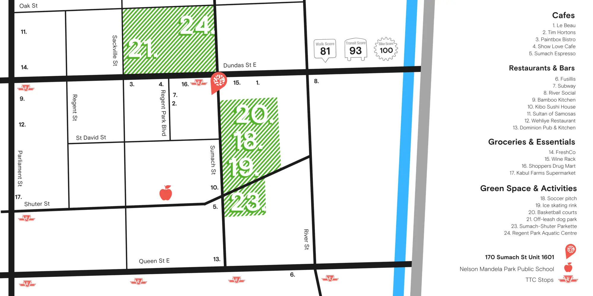 Map of Regent Park around 170 Sumach St, numbering cafés, restaurants, groceries, parks, Nelson Mandela Park Public School and TTC stops